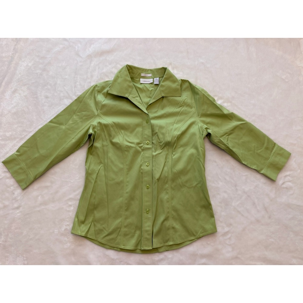 Chico's No Iron Green Cotton Button Down Shirt 3/4 Sleeve Size 0 Small